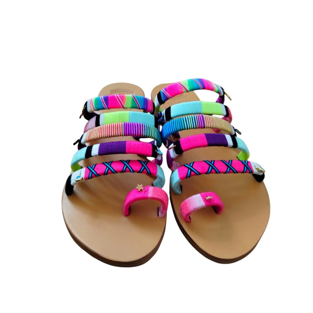Le Pom Pom Women's Size 8 Penny Strappy Charm Sandals Hand Made‎ Colorful Boho.
